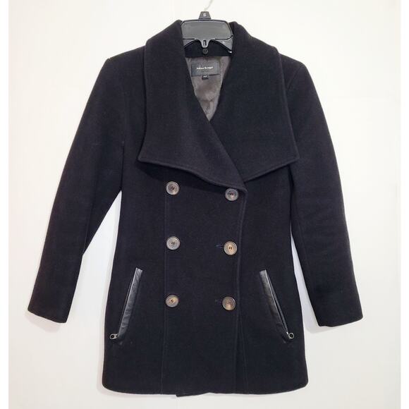 Mackage black wool cashmere double breasted leather trim pea coat XS Old Money - Picture 1 of 11